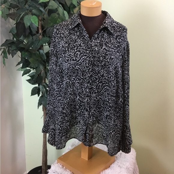 Nine & Co 18W black and gray semi sheer long sleeve button down blouse - Picture 1 of 14